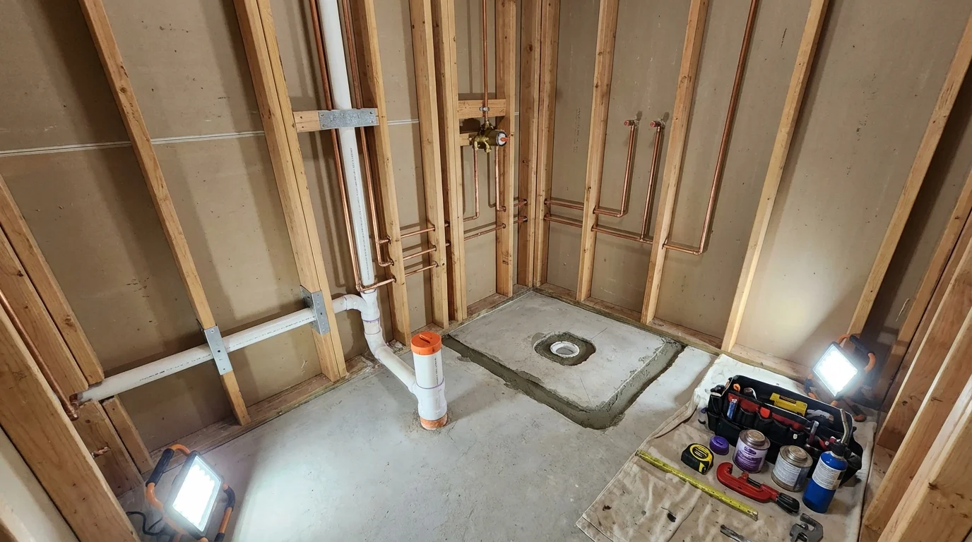 Bathroom rough-in plumbing during remodel by Johns Plumbing LLC in Norco