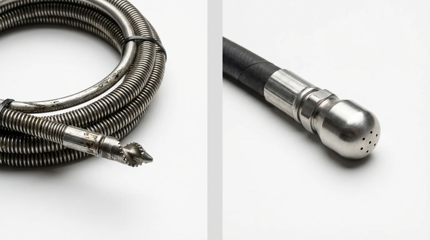 Drain snake cable and hydro jetting nozzle used for drain cleaning in Norco, CA