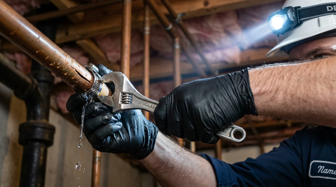 Emergency pipe clamp repair being performed by a Johns Plumbing LLC plumber in Norco