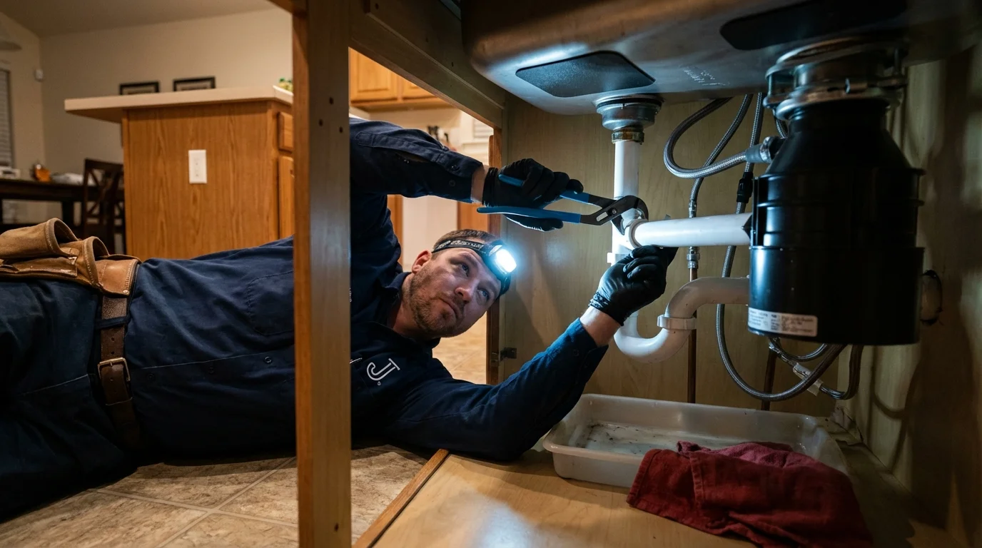 P-trap and supply line connections under a kitchen sink showing a common leak point in Norco, CA